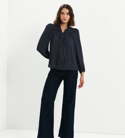 Kiya Navy Polka Dot Frill Tie Neck Yoke Blouse