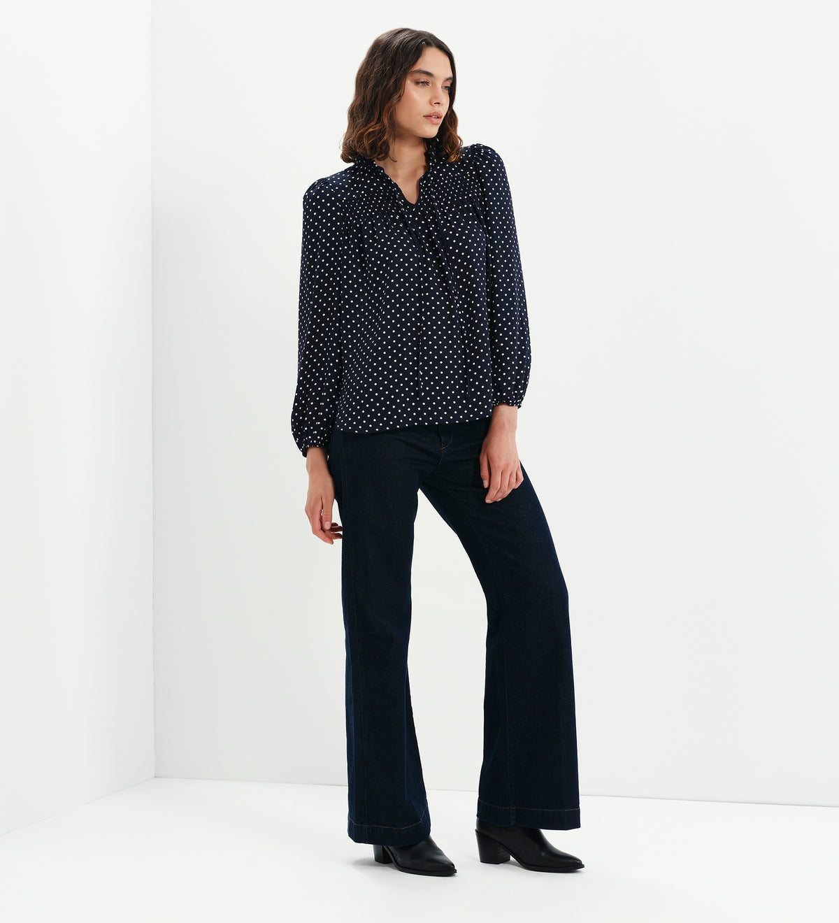 Kiya Navy Polka Dot Frill Tie Neck Yoke Blouse