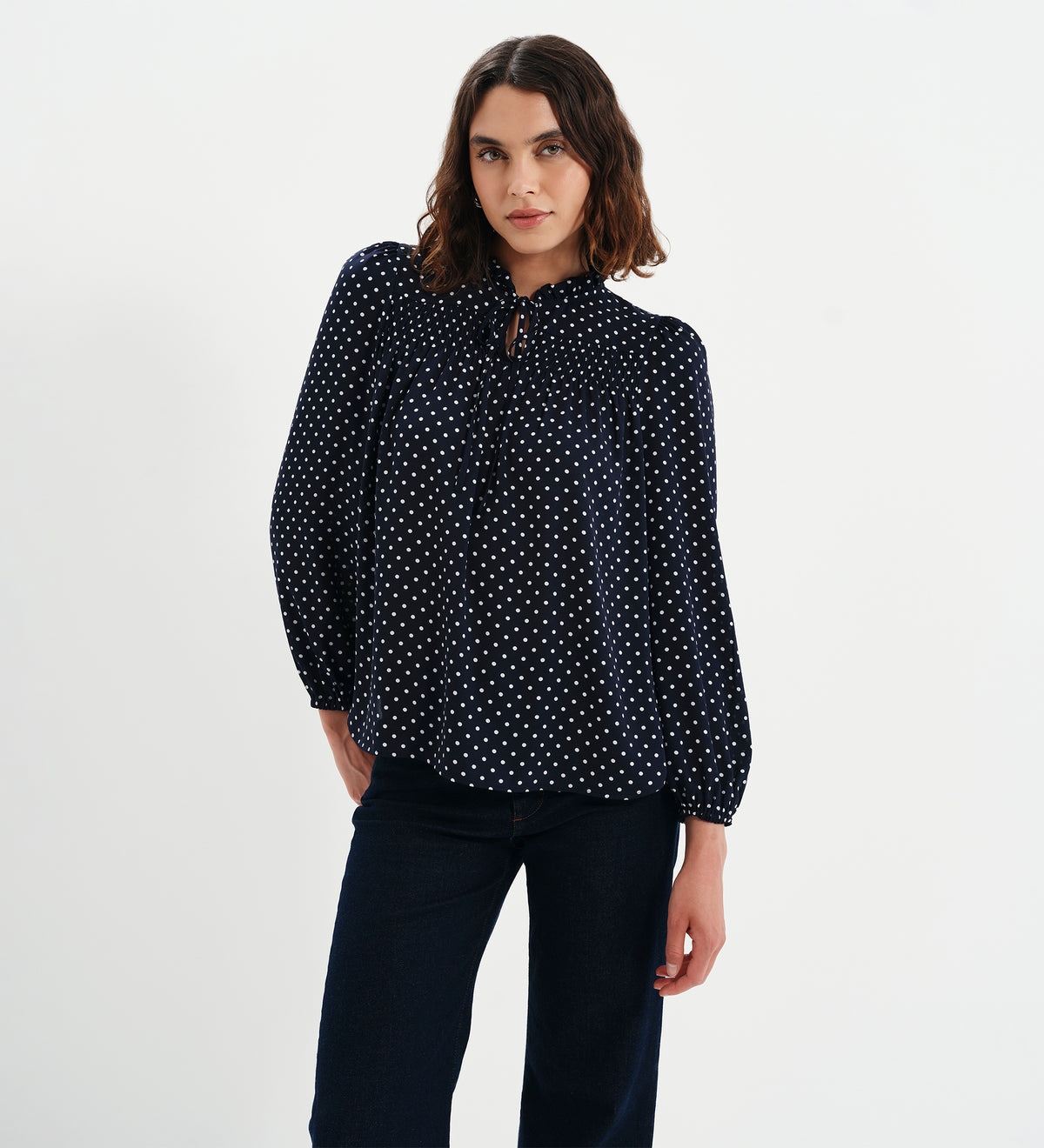 Kiya Navy Polka Dot Frill Tie Neck Yoke Blouse