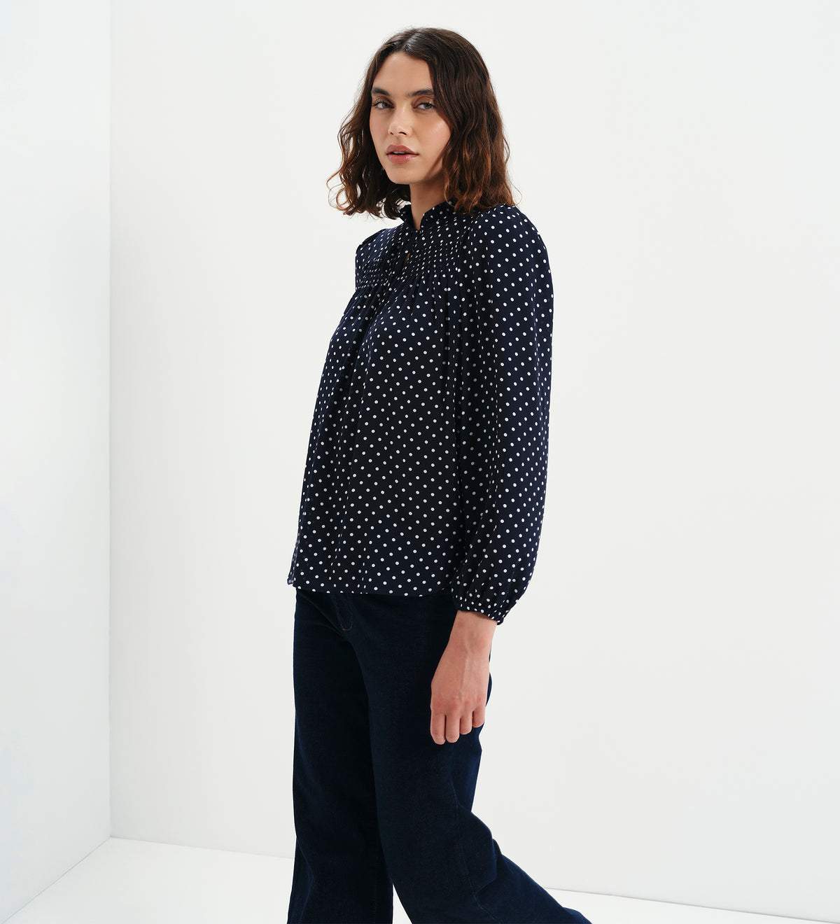 Kiya Navy Polka Dot Frill Tie Neck Yoke Blouse