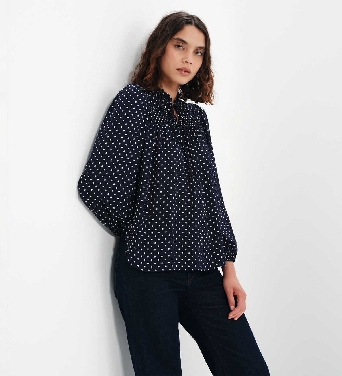 Kiya Navy Polka Dot Frill Tie Neck Yoke Blouse