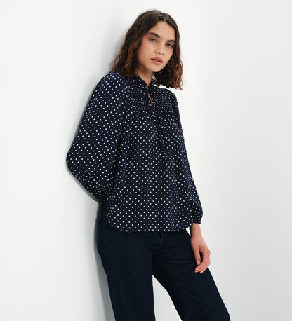 Kiya Navy Polka Dot Frill Tie Neck Yoke Blouse