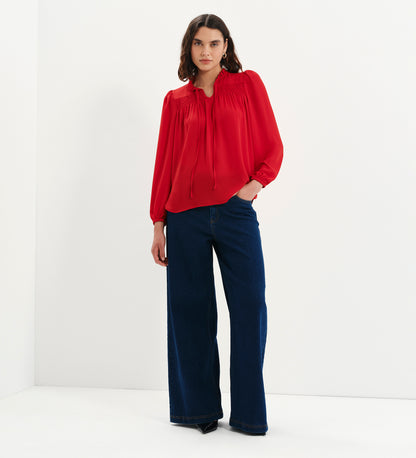 Kiya Red Frill Tie Neck Yoke Blouse