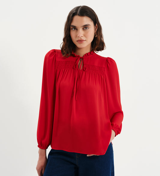 Kiya Red Frill Tie Neck Yoke Blouse