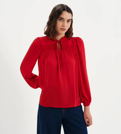 Kiya Red Frill Tie Neck Yoke Blouse