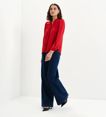 Kiya Red Frill Tie Neck Yoke Blouse