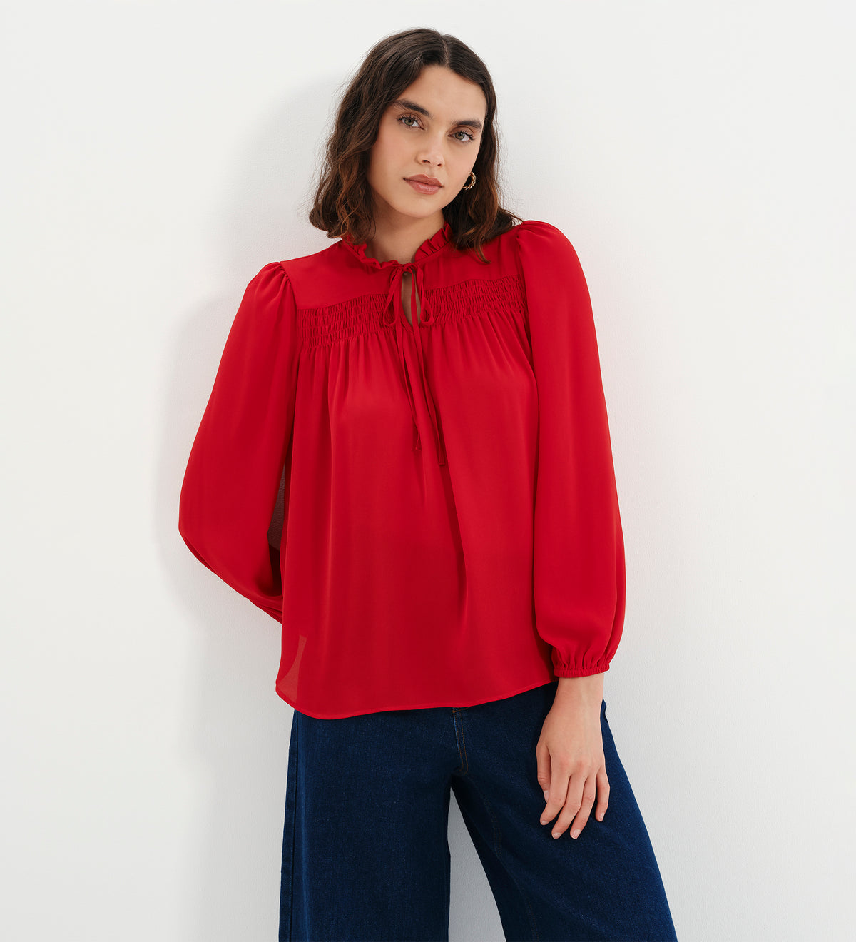 Kiya Red Frill Tie Neck Yoke Blouse