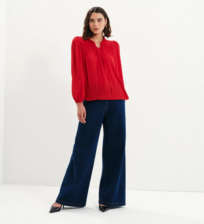 Kiya Red Frill Tie Neck Yoke Blouse