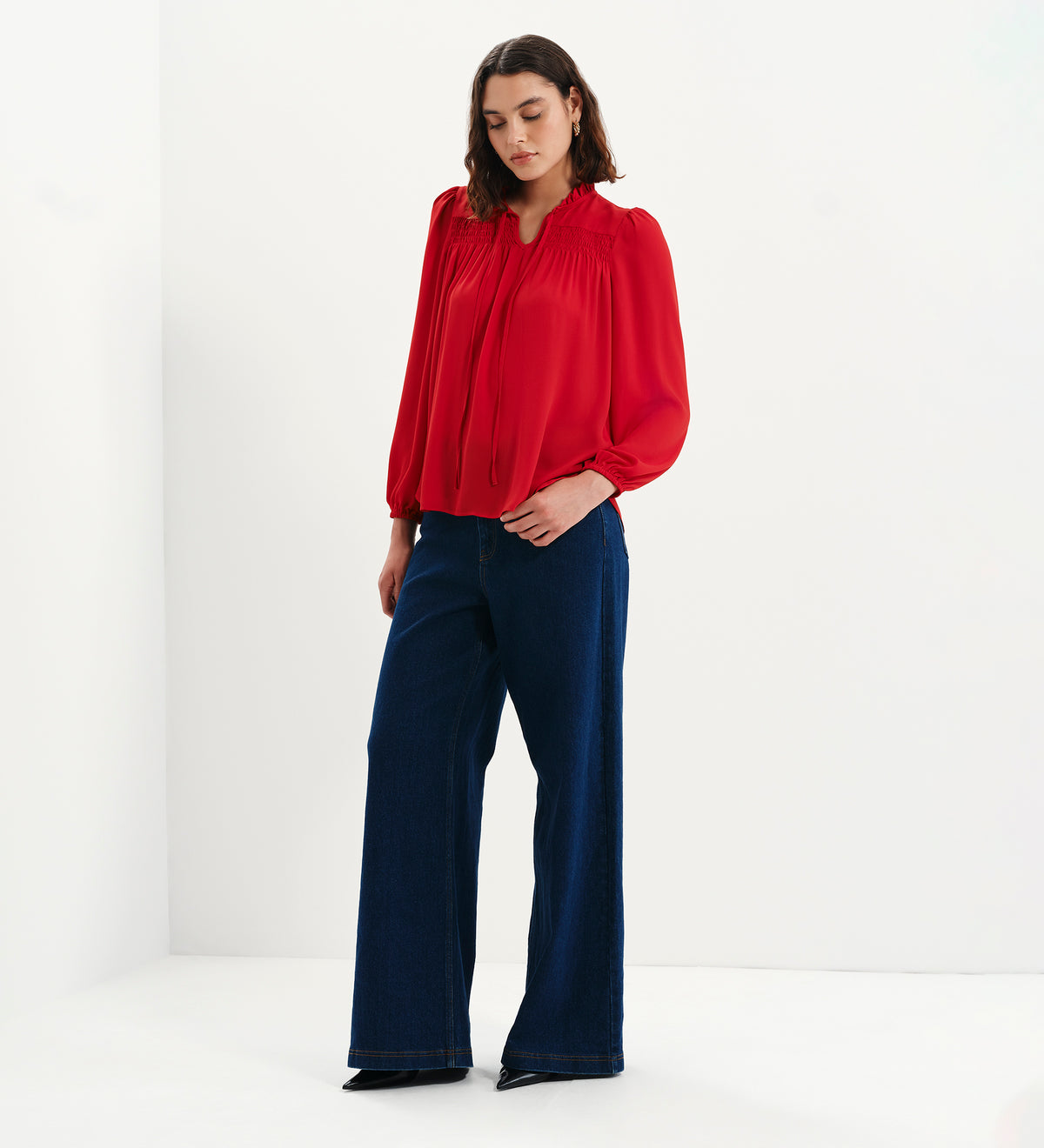 Kiya Red Frill Tie Neck Yoke Blouse