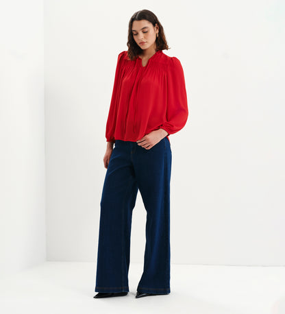 Kiya Red Frill Tie Neck Yoke Blouse