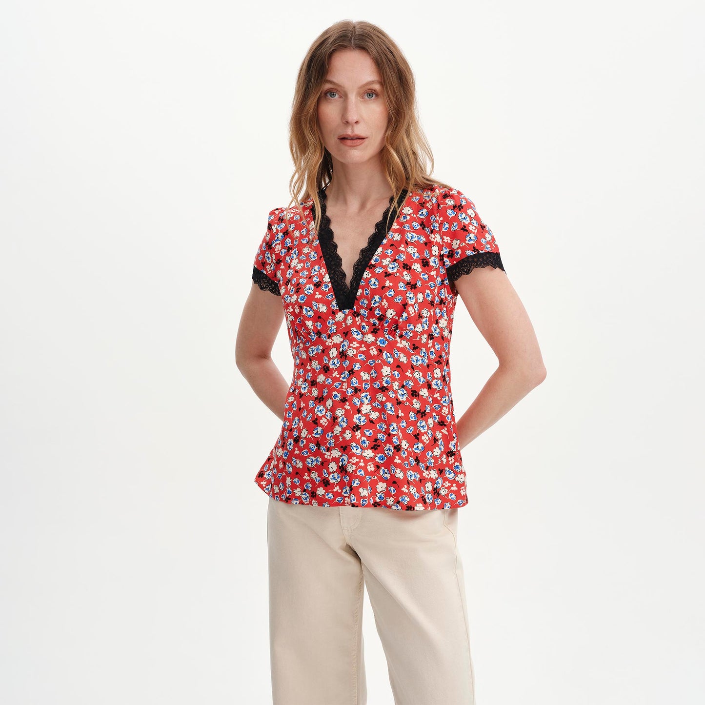 Lacie Red Ditsy Lace Trim V-Neck Empire Waist Top