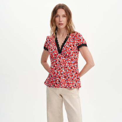 Lacie Red Ditsy Lace Trim V-Neck Empire Waist Top