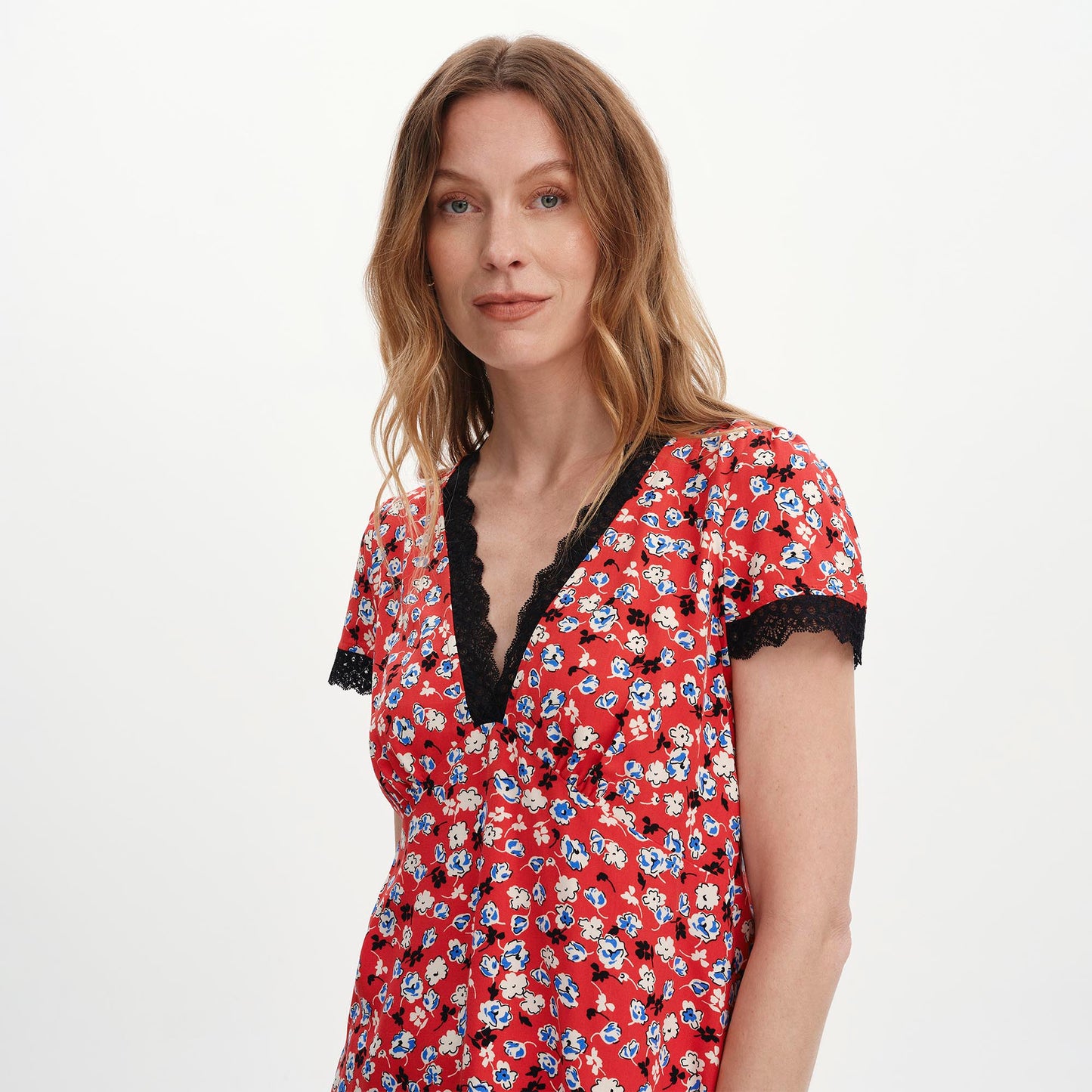 Lacie Red Ditsy Lace Trim V-Neck Empire Waist Top