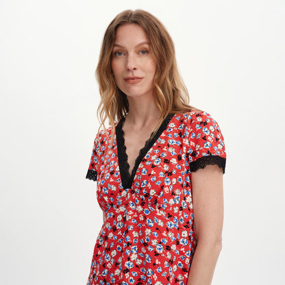 Lacie Red Ditsy Lace Trim V-Neck Empire Waist Top