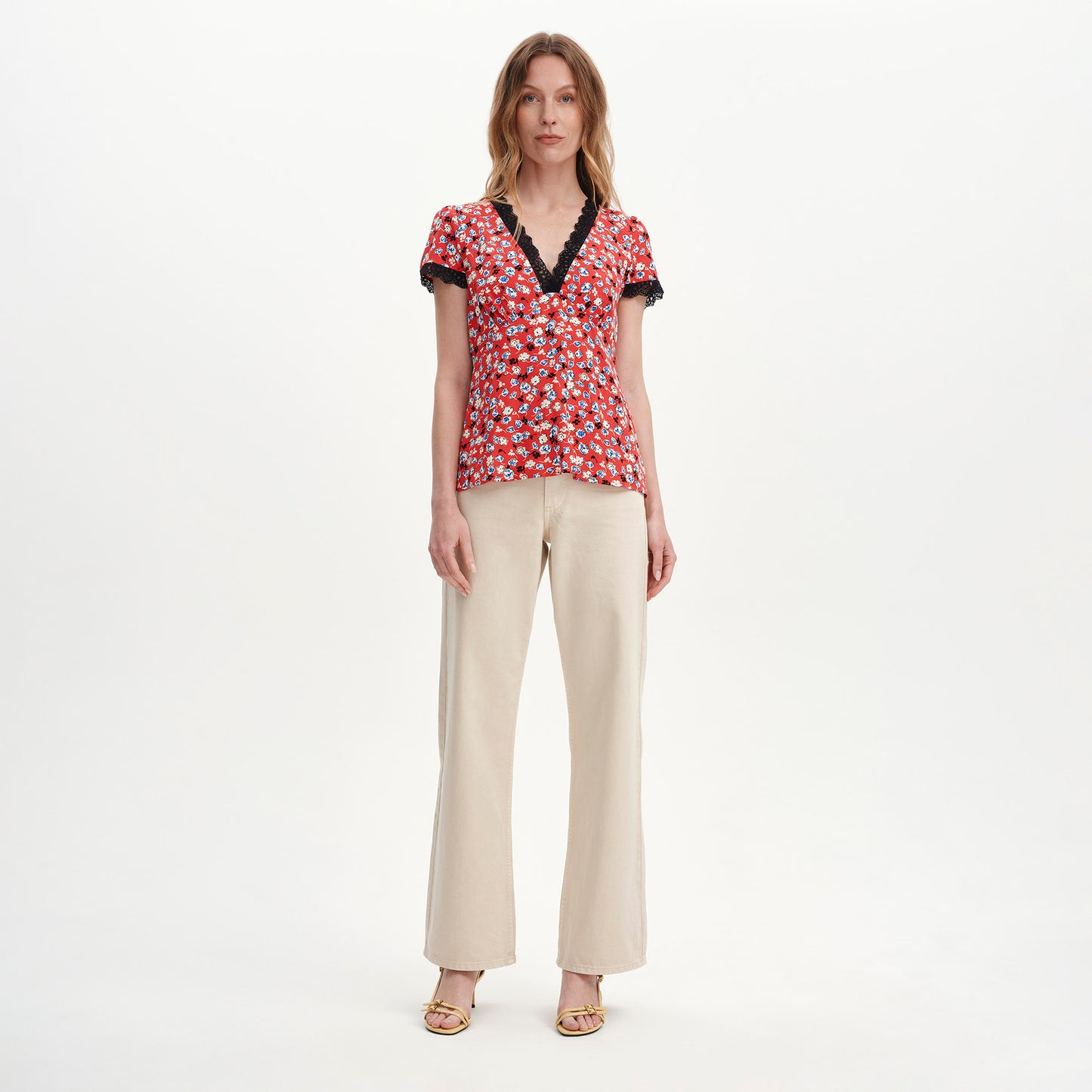 Lacie Red Ditsy Lace Trim V-Neck Empire Waist Top