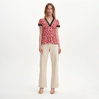 Lacie Red Ditsy Lace Trim V-Neck Empire Waist Top