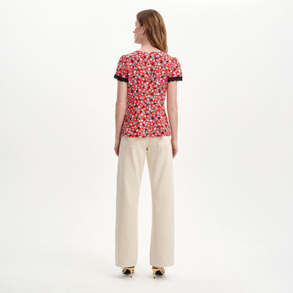Lacie Red Ditsy Lace Trim V-Neck Empire Waist Top