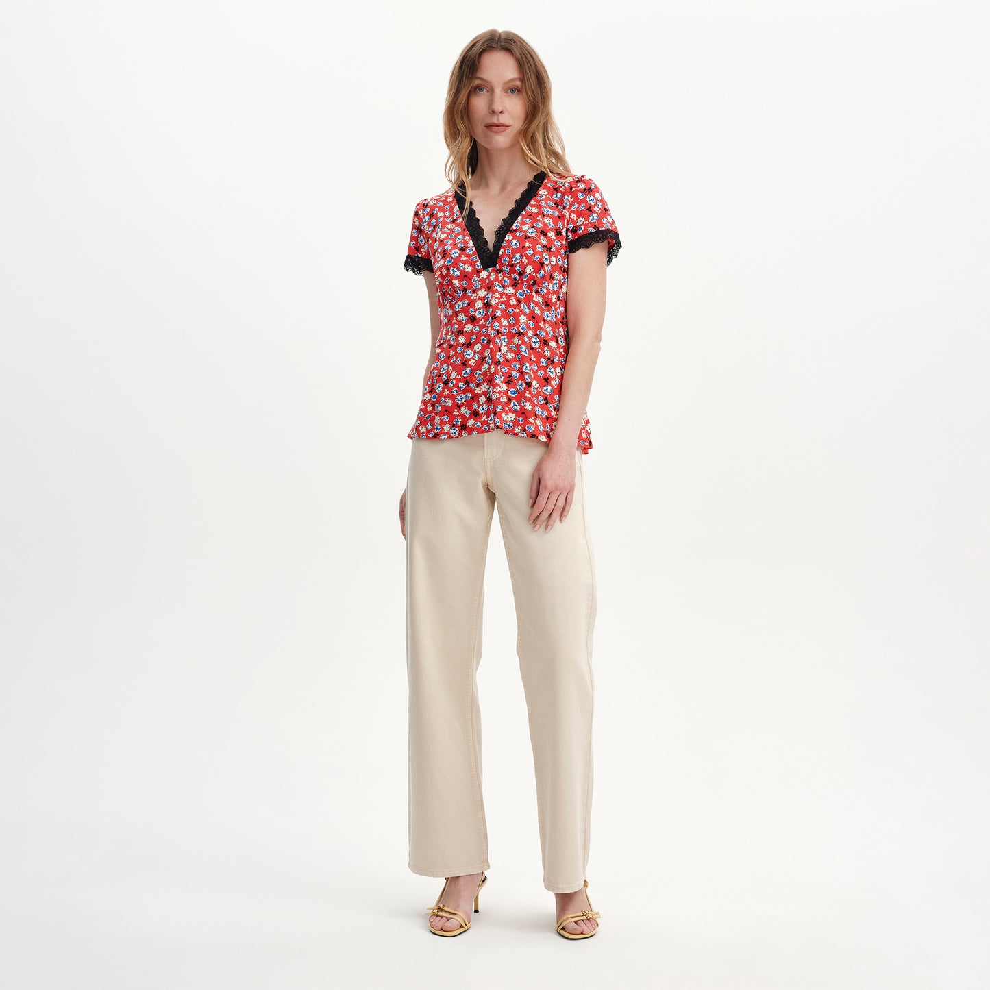 Lacie Red Ditsy Lace Trim V-Neck Empire Waist Top