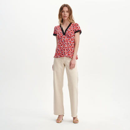 Lacie Red Ditsy Lace Trim V-Neck Empire Waist Top