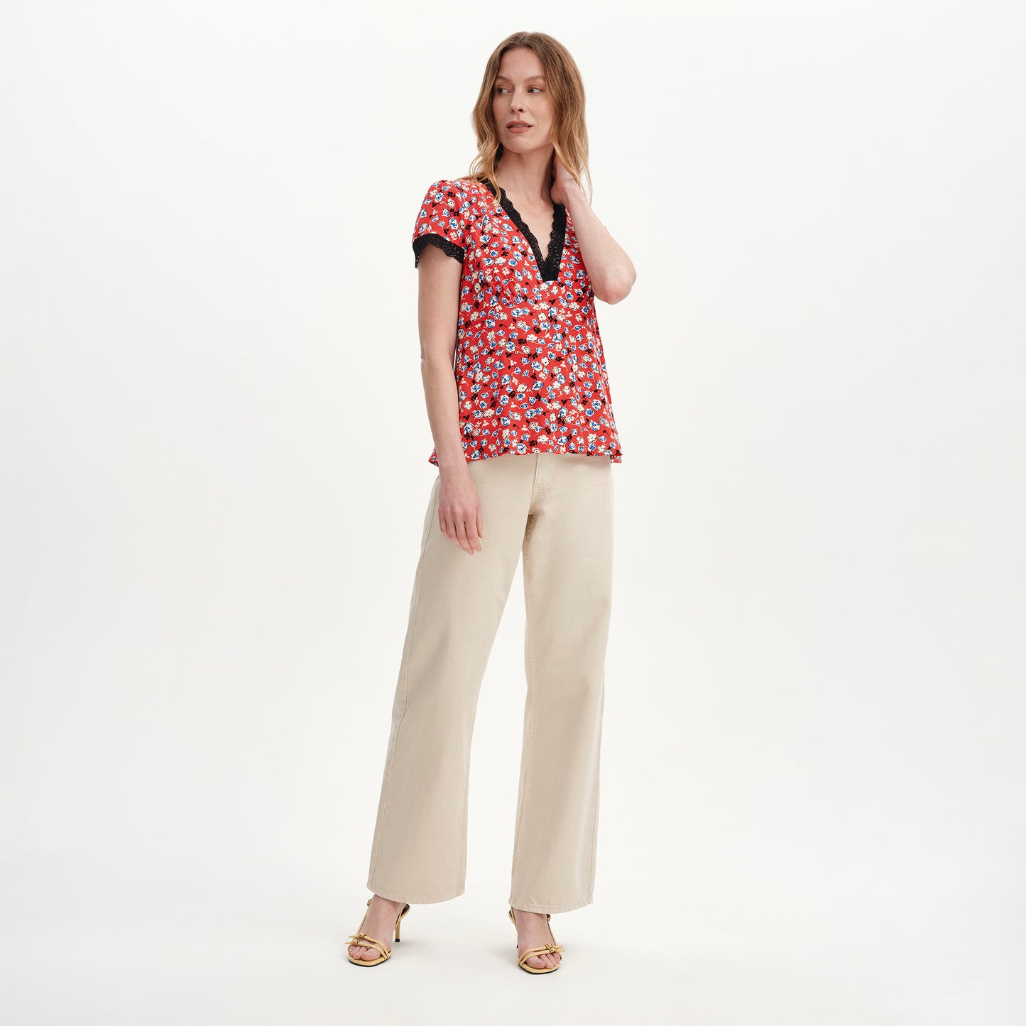 Lacie Red Ditsy Lace Trim V-Neck Empire Waist Top