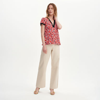Lacie Red Ditsy Lace Trim V-Neck Empire Waist Top