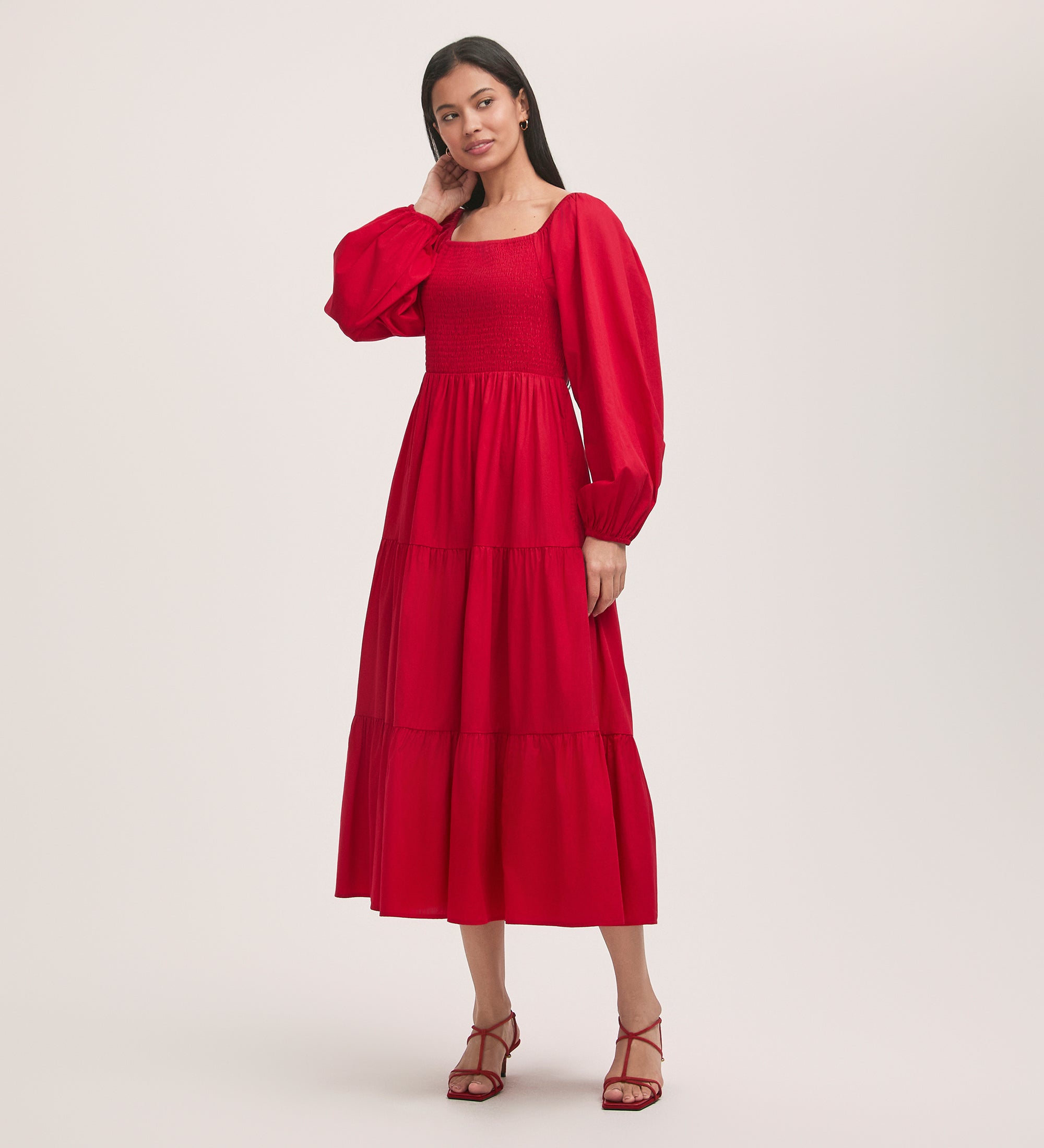 Scarlett - Red Cotton Midi Dress with Floral Detail