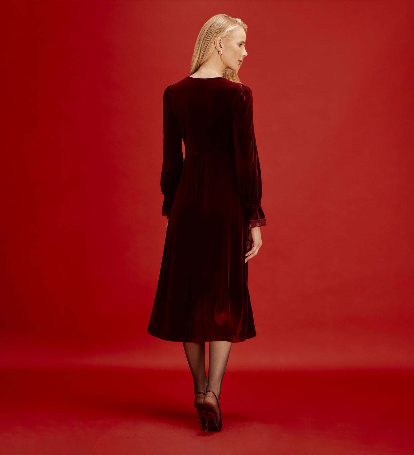 Louise Burgundy Velvet Lace Trim Empire Waist Midi Dress