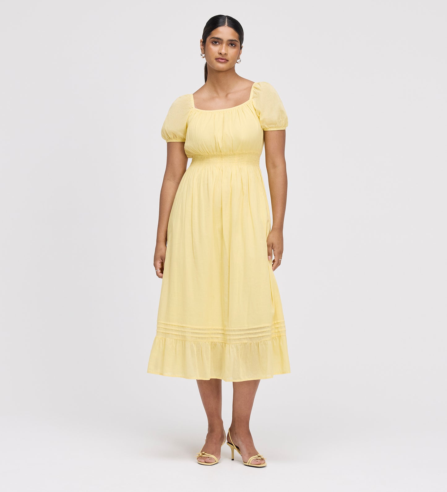 Mandy Yellow Cotton Puff Sleeves Square Neck Midi Dress – Finery London