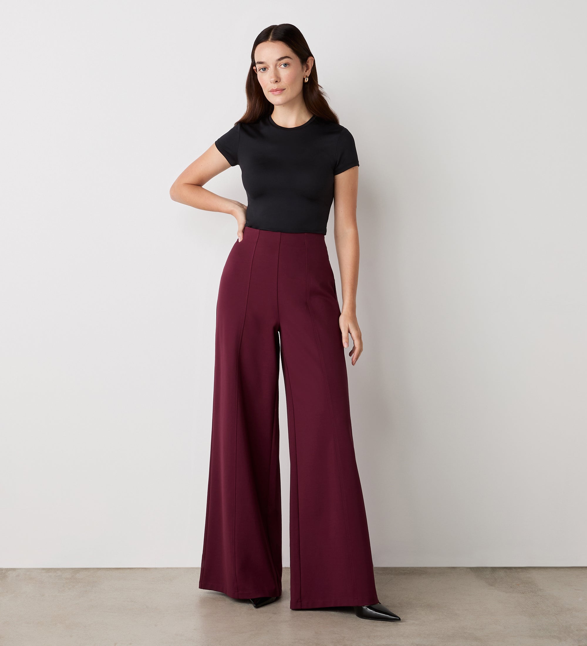 Matilda Burgundy Ponte Jersey Wide Leg Trousers – Finery London
