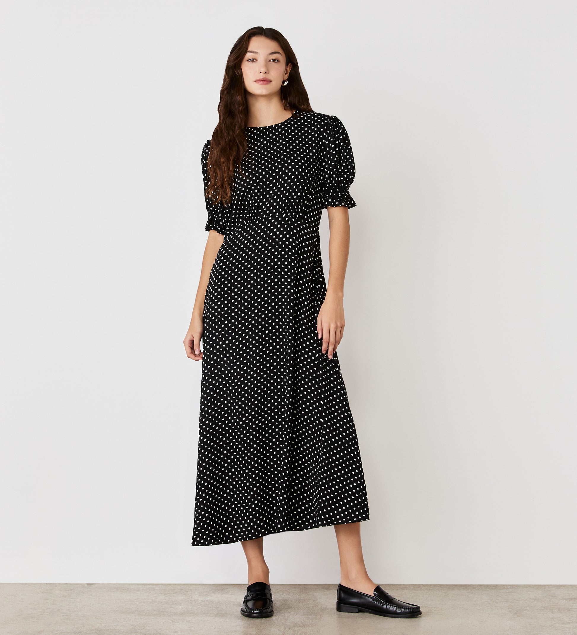Mela Black Polka Dot Crepe Midi Dress – Finery London