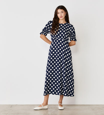Mela Navy Polka Dot Midi Tea Dress
