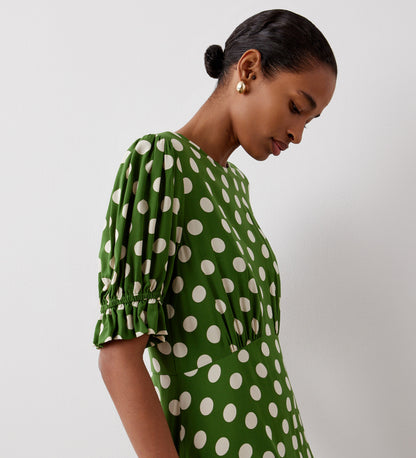 Mela Dark Khaki Polka Dot Midi Tea Dress