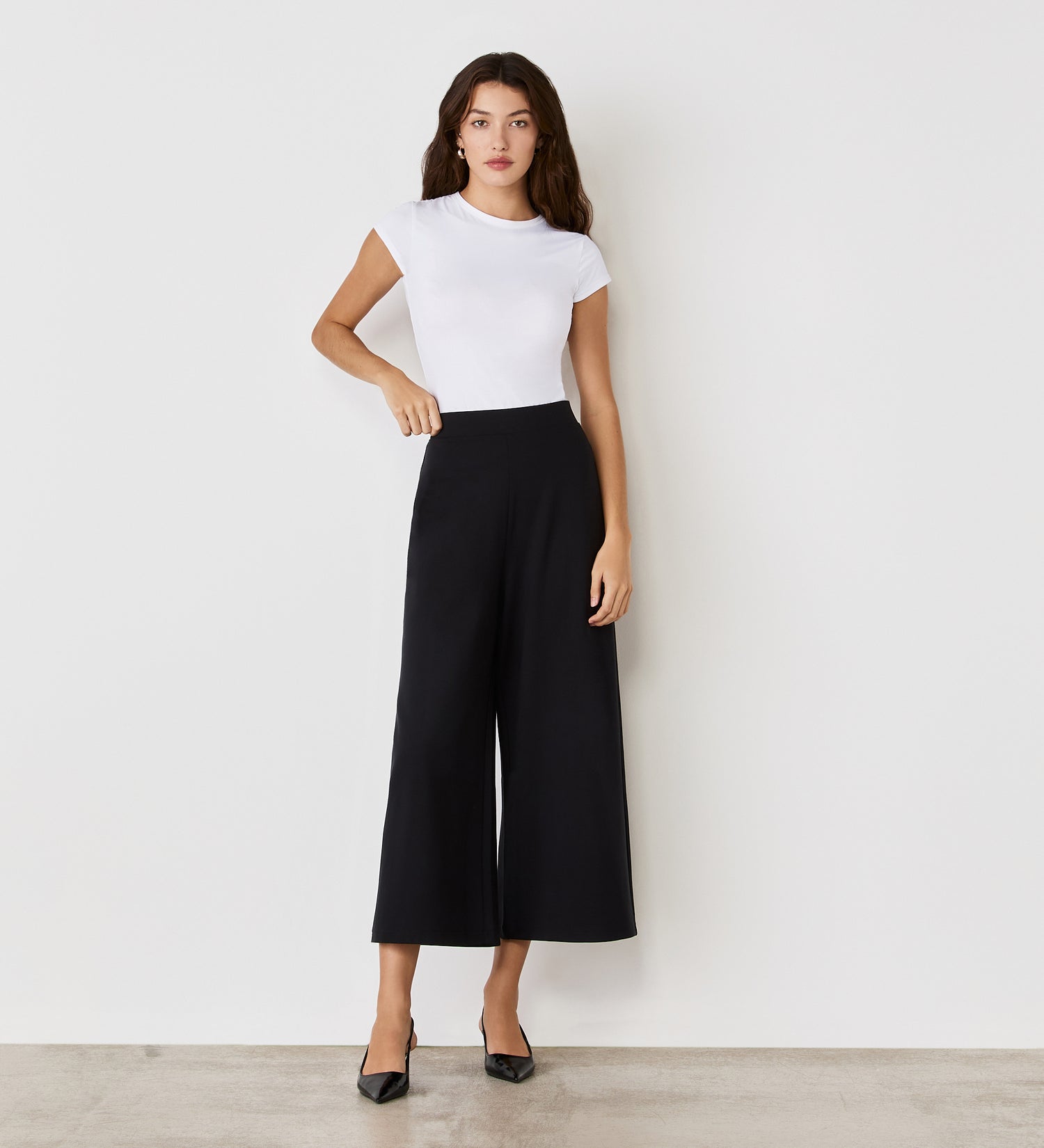 A woman in a white shirt and Miribel Black Ponte Jersey Wide Leg Trousers.