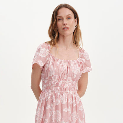 Maia Red Floral Jacquard Stripe Shirred Waist Midi Dress