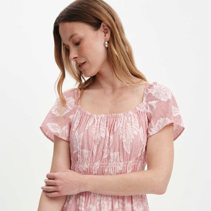 Maia Red Floral Jacquard Stripe Shirred Waist Midi Dress