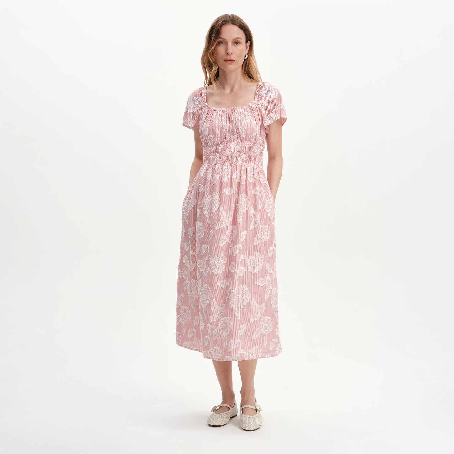 Maia Red Floral Jacquard Stripe Shirred Waist Midi Dress