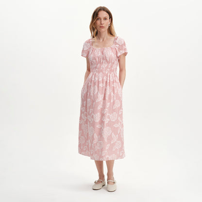 Maia Red Floral Jacquard Stripe Shirred Waist Midi Dress