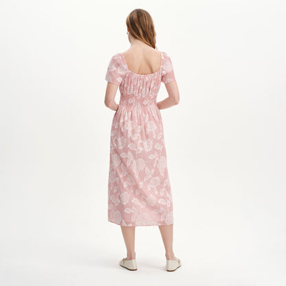 Maia Red Floral Jacquard Stripe Shirred Waist Midi Dress