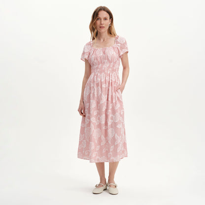 Maia Red Floral Jacquard Stripe Shirred Waist Midi Dress