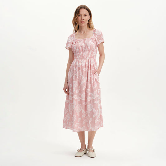 Maia Red Floral Jacquard Stripe Shirred Waist Midi Dress