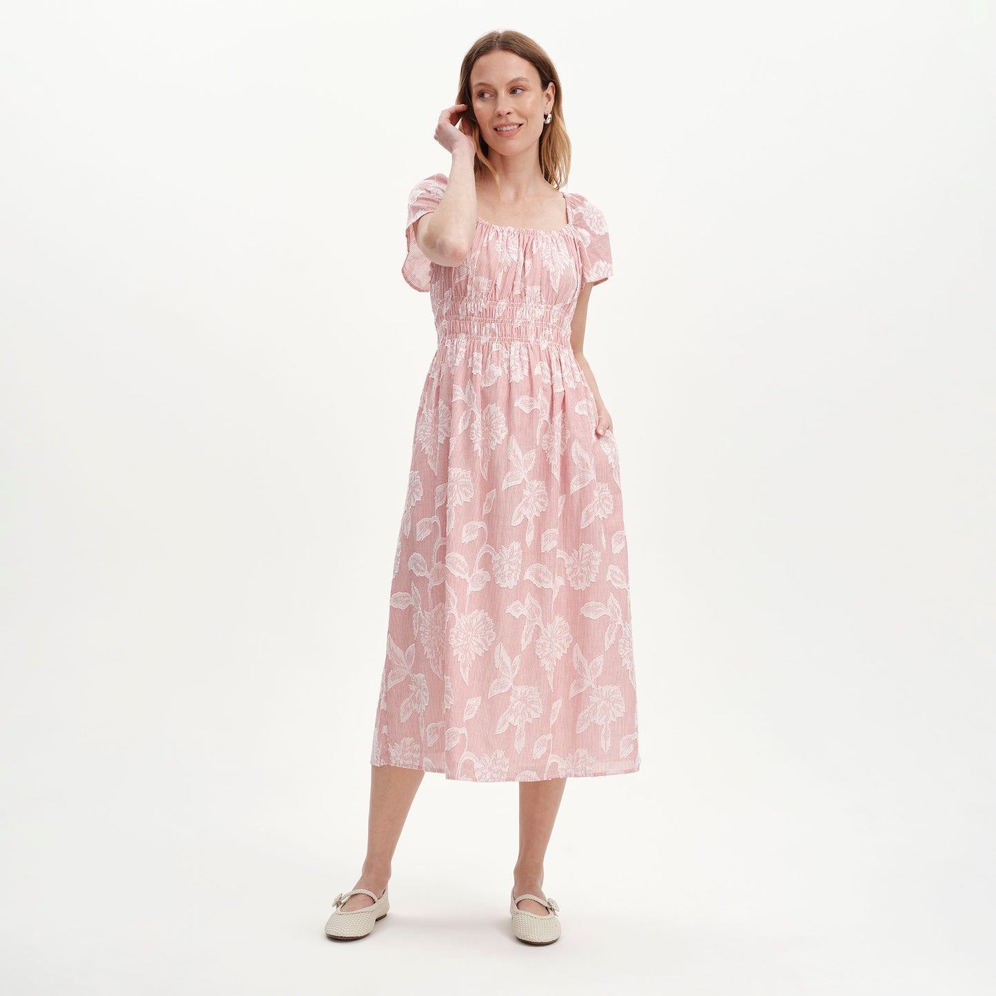 Maia Red Floral Jacquard Stripe Shirred Waist Midi Dress