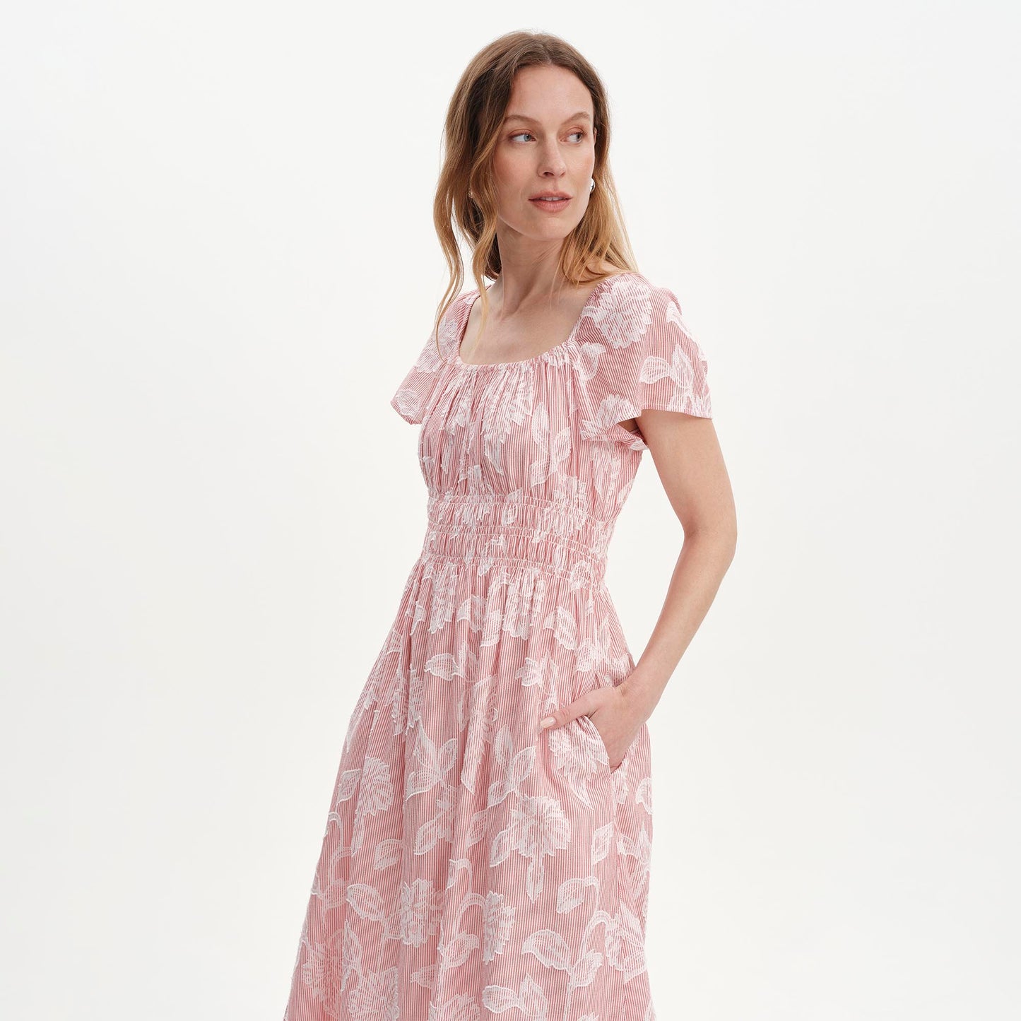 Maia Red Floral Jacquard Stripe Shirred Waist Midi Dress