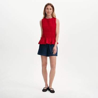 Malani Red Cotton Poplin Shirred Peplum Shell Top