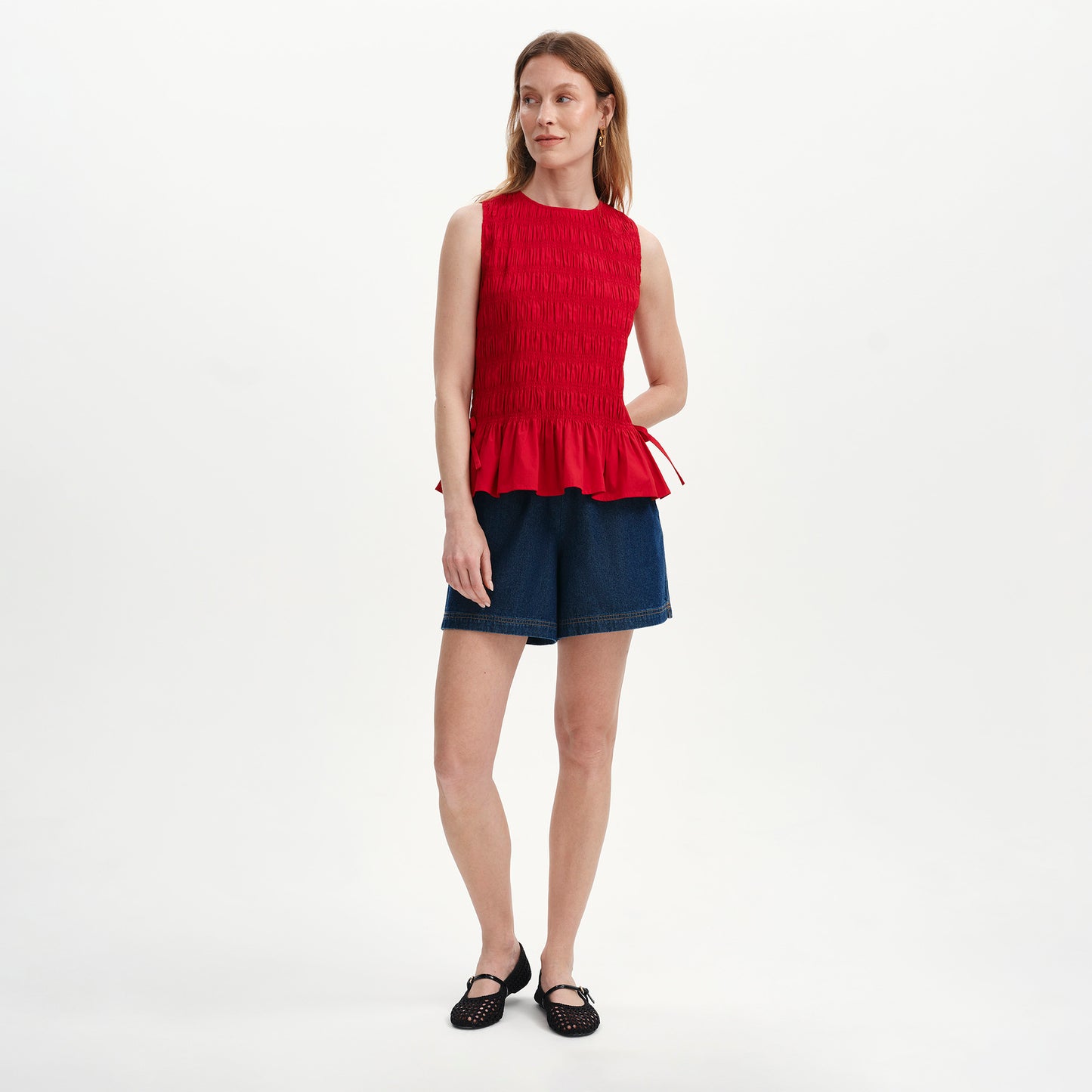 Malani Red Cotton Poplin Shirred Peplum Shell Top