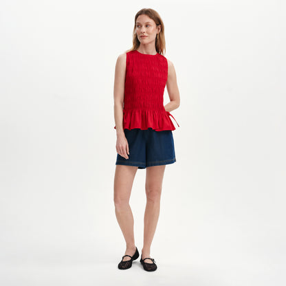 Malani Red Cotton Poplin Shirred Peplum Shell Top