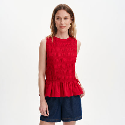 Malani Red Cotton Poplin Shirred Peplum Shell Top