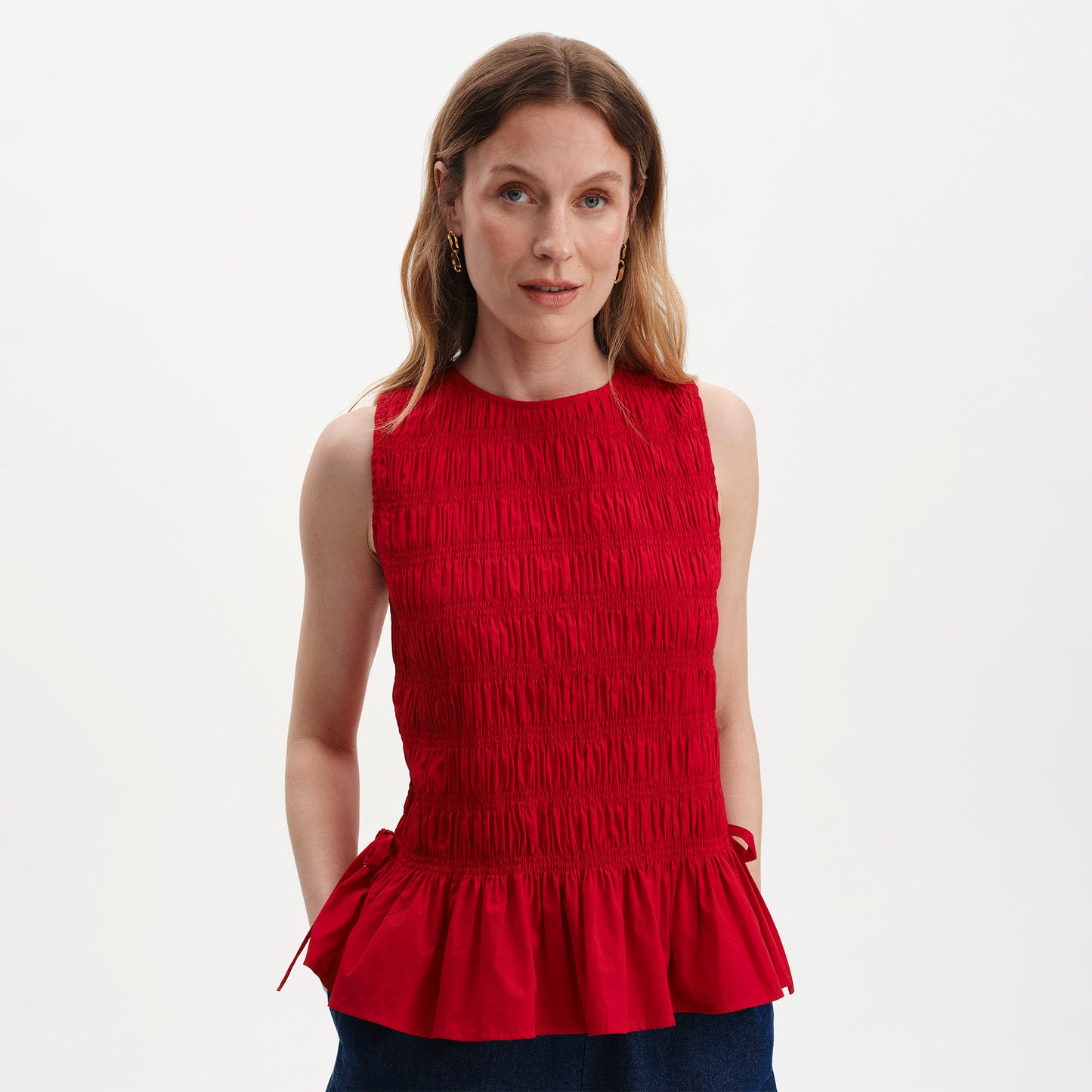 Malani Red Cotton Poplin Shirred Peplum Shell Top