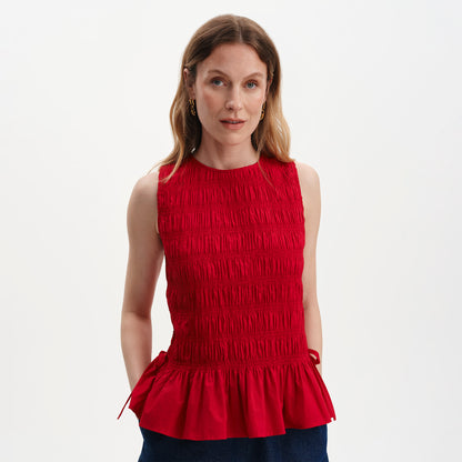 Malani Red Cotton Poplin Shirred Peplum Shell Top