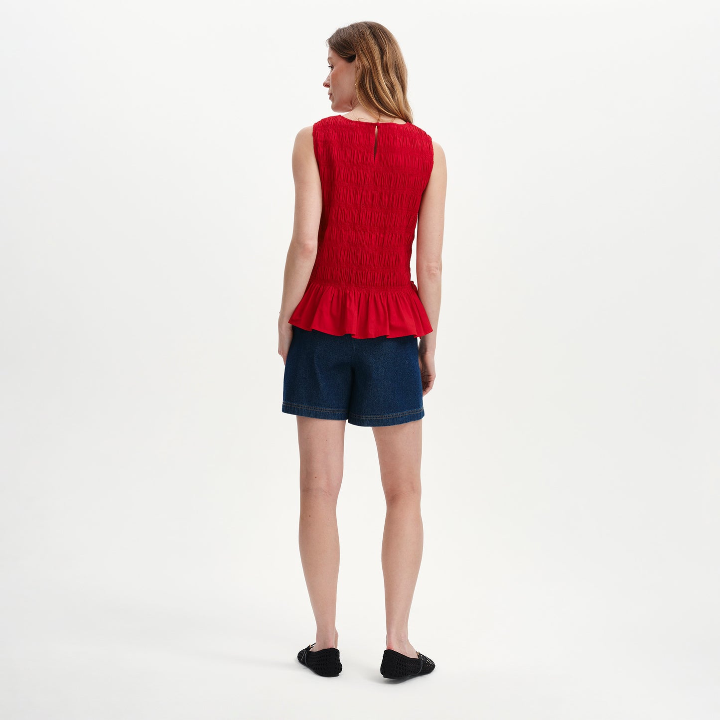 Malani Red Cotton Poplin Shirred Peplum Shell Top