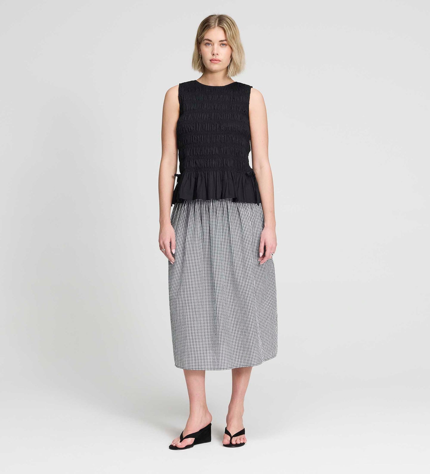 Malani Black Cotton Poplin Shirred Peplum Shell Top